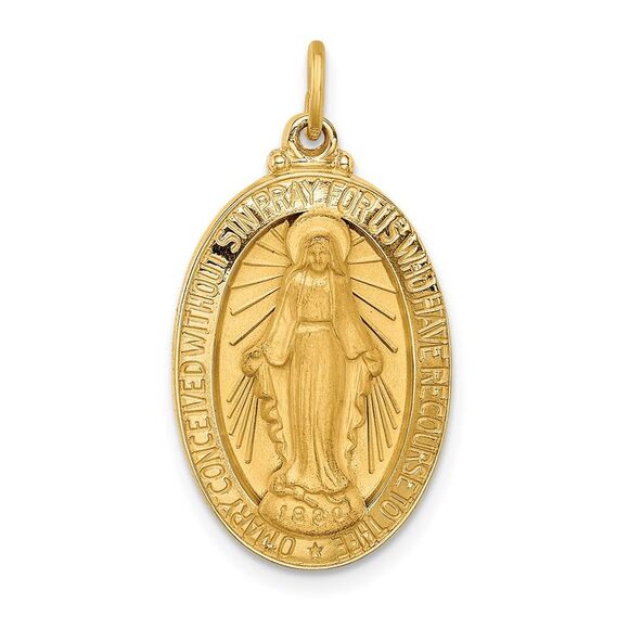 14k Yellow Gold Solid 3D Oval Miraculous Medal Pendant 14 x 32mm